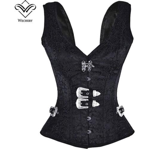 Wechery Steampunk Corset Gothic Clothing Corsets And Bustiers Black Vest 12 Steel Boned Sexy Bustier Korsett for Women Harness