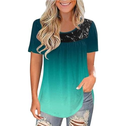 545 Women Hollow Lace Gradient T-Shirt Cheap High Quality Patchwork Short Sleeves Cotton O-Neck Fashion Streetwear Ladies Tops