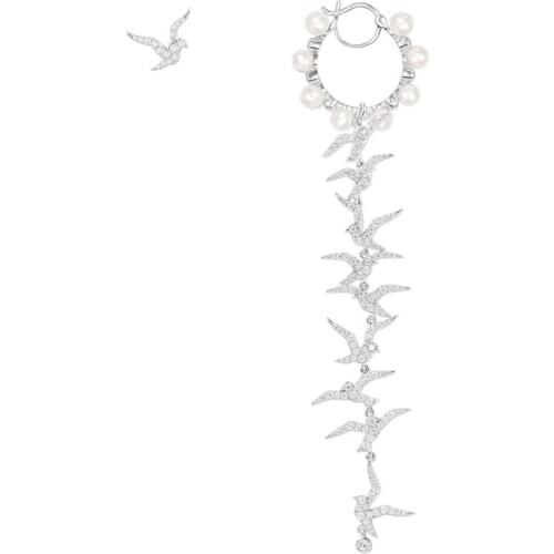 SLJELY High Quality 925 Sterling Silver Asymmetric Swallows Long AB Earrings with Pearl Zircon CZ Women Luxury Brand Jewelry