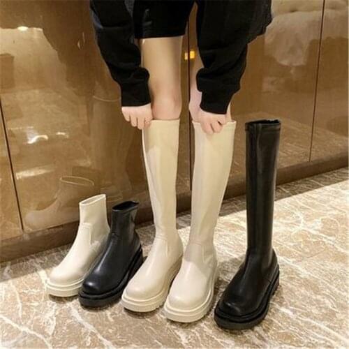 Fashion Spring Autum Women Knee High Boots Ladies Soft PU Leather Slip On Long Booties Casual Antiskid Platform Waterproof Shoes