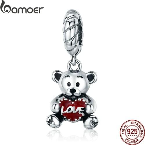 BAMOER 100% 925 Sterling Silver Animal Collection Little Bear with Love Hug Charm fit Charm Bracelet Bangle DIY Jewelry SCC521