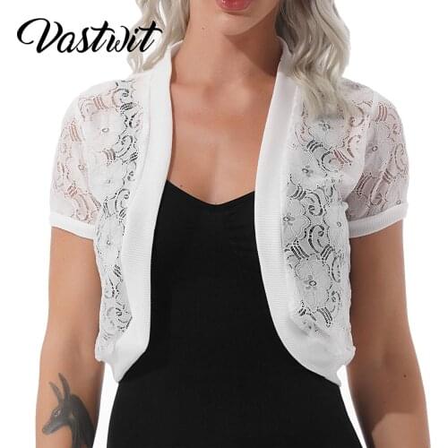 Womens Short Sleeve Bolero Shrugs Lace Cropped Cardigan Evening Party Dress Cape Wraps