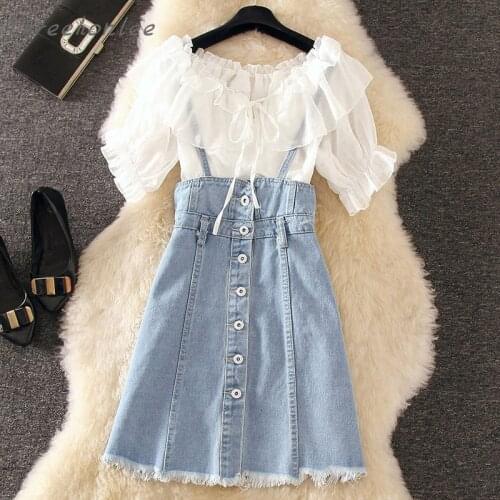 2021 Women Spring Summer Vintage Casual Chic Two Piece Set Lady Strap Denim Dress And Slash Neck Short Sleeve Shirt Female Suit