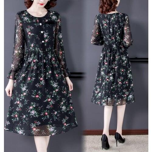 Spring Vintage Black Print Chiffon Beach Midi Dress 2021 Casual 3XL Plus Size Long Sleeve Dress Elegant Women Bodycon Vestidos