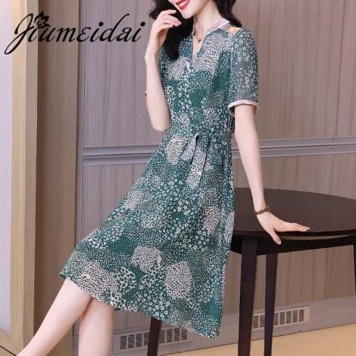 JiuMeiDai Women Summer Elegant A-Line Chiffon Dress Office Lady Print Robe Femme Vintage Designer Casual Party Clothing Vestidos