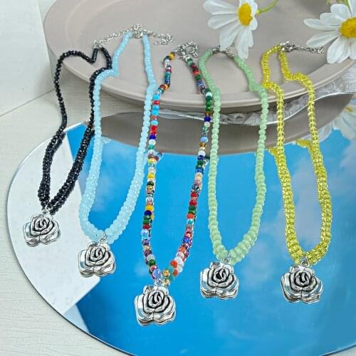2021 New Spring Colorful Rose Seed Bead Necklace For Women Fashion Handmade Rose Flower Beaded Chokers Necklaces Boho Jewelry