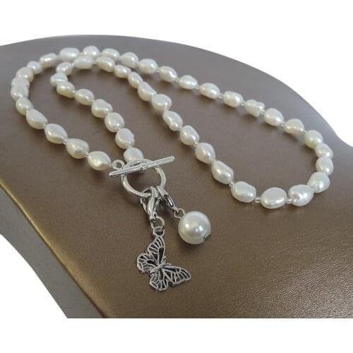 100% NATURE FRESHWATER PEARL NECKLACE and bracelet,long baroque pearl 7-9 mm,butterfly,heart pendant