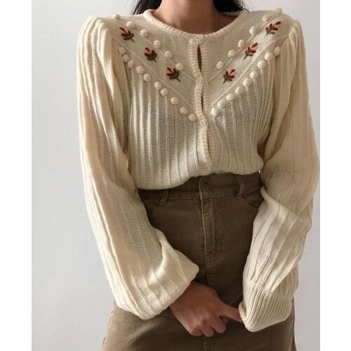 2020 Beige Sweet Gentle Hook Floral Lantern-Sleeved Girls Knitted Korea Cute Chic Free Simple Fresh Cardigans Sweaters