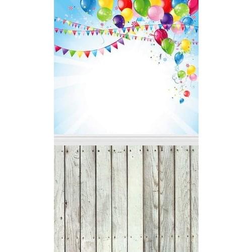 3d Sky Blue Colorful Balloons Photography Backdrops 5*6.5ft Birthday Flags Wood Floor Newborn Photo Background Studio Fotografia
