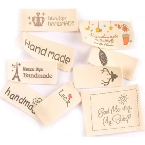 50pcs Beige Printed Cotton Cloth Woven Letter Labels for Sewing Garment Labels Handmade Tags Clothes DIY Crafts Accessories Mix