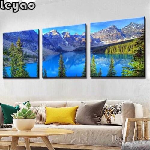 Mountain and Blue Lake Landscape Diamond Painting Triptych Modern Home Decor Wall Art Painting Nordic Living Room Decoration