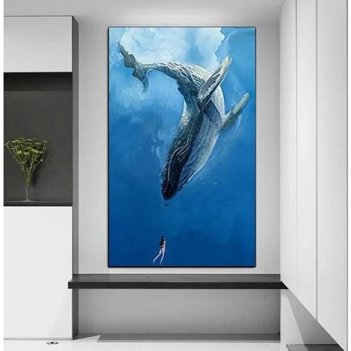 Anime Blue Whale Canvas Painting Modern Cartoon Seascape Posters and Prints Wall Art Picture for Kid Room Home Decor Cuadros