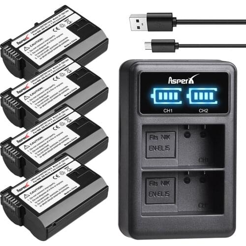 AsperX 4Pcs EN-EL15 EN EL15 ENEL15 Battery + LED Dual USB Charger for Nikon DSLR D600 D610 D800 D800E D810 D750 D7000 D7100 V1