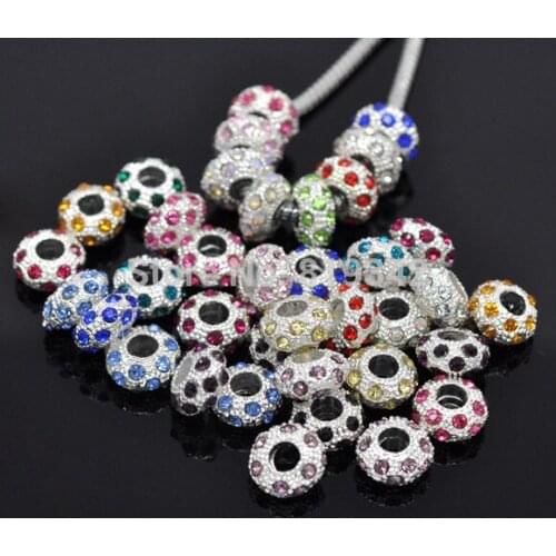 Free Shipping 100pcs Random Mixed Silver Plated Rhinestone Spacer Beads. Fits European Charm Bracelets 11x6mm