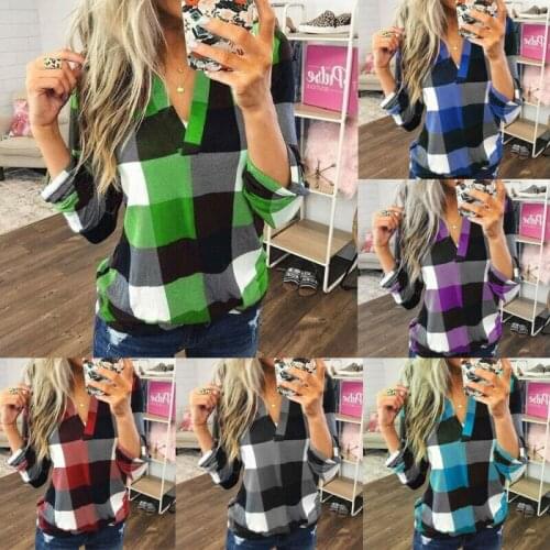 Womens Autumn Blouse Sexy V-neck Casual Long Sleeve Plaid Check Shirt Plus Size Female Blouse New Casual Loose Tops Shirt S-3XL