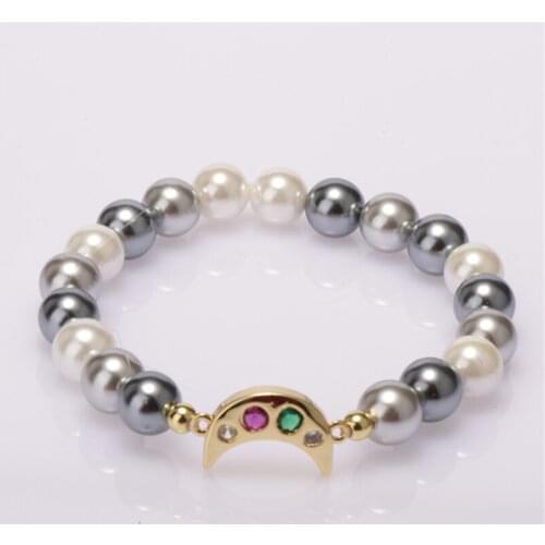 Mix cz crystal new crescent moon Fatimas Hand protection charm round pink grey white pearl beaded adjustable bracelet for woman