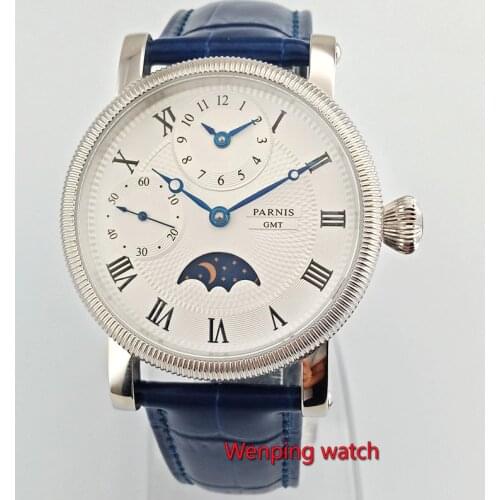 Parnis 42mm embossment GMT hand winding roman number white wrist watch particular ww54