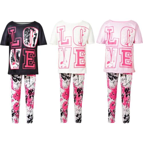 Kids Girls Sports Suit Workout Tracksuit Outfits Short Sleeves Printed T-shirt And Pants Leggings Set 2Pcs Summer Clothes Sets