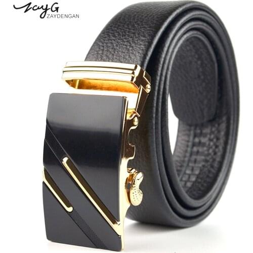 ZAYG Designer Fashion Men Belt Luxury Real Leather Belt Gold Classic Sliding Ratchet Automatic Buckle Unique High Quality Belt
