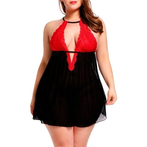 Womens Plus Size Lingerie Sexy Lace Babydoll Mesh Strap Chemise Halter V Neck Sleepwear