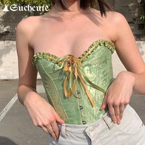 SUCHCUTE Vintage Printed y2k Corset Tops For Women Summer Fashion Tie Up Frill Ruffles Tube Top Sexy Skinny Aesthetic Bustier