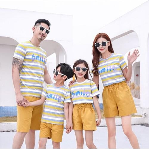 Summer Family Matching Outfits Dad Son Mom Girl Sets Stripe Short Sleeve T-shirt+Yellow Shorts 2PCS Cotton Casual Suits Clothes