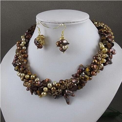 Unique Pearls jewellery Store,Brown Color Baroque Freshwater Pearl Crystal Beads Tiger Eye Stone Necklace Earrings Woman Jewelry