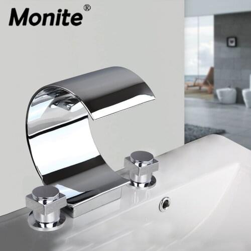 Monite Chrome Waterfall Bathroom Basin Faucet Deck Mounted Washbasin Bathroom Tap 3 Pcs Set Flush Cold and Hot Water Mixer Taps