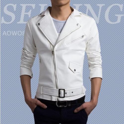 2020 New Mens Leather Jacket Oblique Zipper Motorcycle Leather Coat Tide Korean Leisure Personality Men Stage Singer Costumes