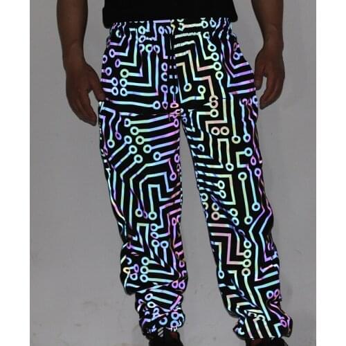 Joggers men reflective pants geometric circuit colorful reflective jogging sweatpants harajuku night light hip hop trousers