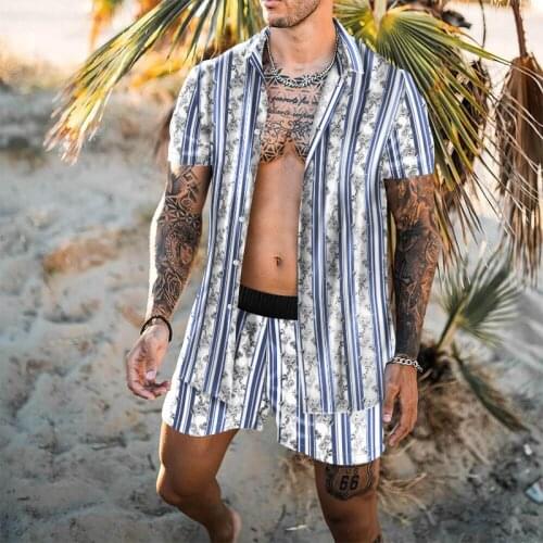 Mens suit 2021 summer new fashion 3D printing flower Harajuku short sleeve + shorts two-piece casual sports Hawaiian beachwear