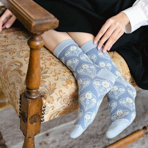 Harajuku Streetwear Blue Socks Women Floral Embroidery Japan Style Ethnic Kawaii Cute Woman Socks Korean Fashion Girls Long Sock