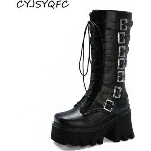 CYJSYQFC Novelty Women Mid Calf Boots Plush Inside Back Zipper Belt Buckle Comfort Long Boots Thick Bottom Lady Shoes For Autumn
