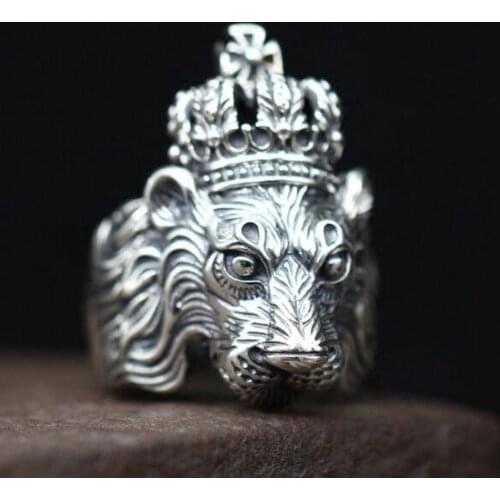 New real s925 pure silver exaggerated men ring with wide opening king domineering Vintage Craft Thai Silver Lion Ring for Man