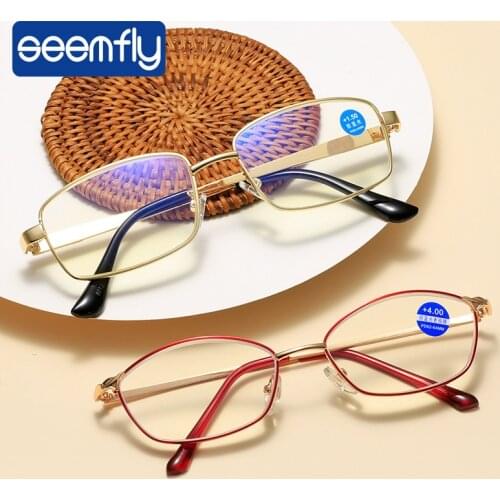 Seemfly Portable Womens Reading Glasses Metal Anti Blue Ray Computer Eyeglasses Men Presbyopia Far sight Goggle +1 1.5 2 2.5 +4