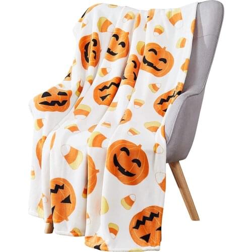 Halloween Throw Blanket: Smiling O Lantern Pumpkins with Candy Corns Print on Soft Velvet Fleece for Sofa Bed Couch Chair