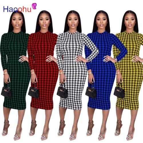 HAOOHU Swallow Gird Print Bodycon Dress Long Sleeve Turtleneck Party Clothing 2021 Fashion Streetwear Night Club Maxi Dresses