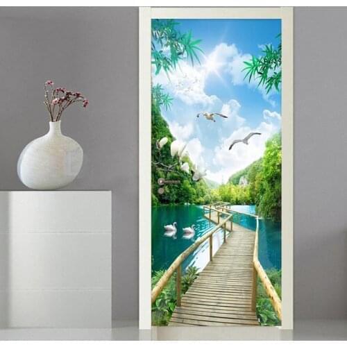 PVC Self Adhesive 3D Door Wallpaper Nature Landscape Wooden Bridge Photo Wall Mural Door Sticker Living Room Home Decor Sticker
