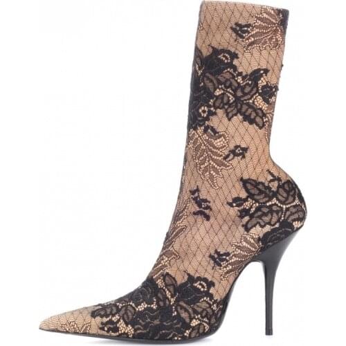 Sexy Black Lace Mesh High Heel Ankle Boots Cone Heels Pointy Toe Sock Boots Women Covered Stiletto Heel Slip-on Dress Shoes