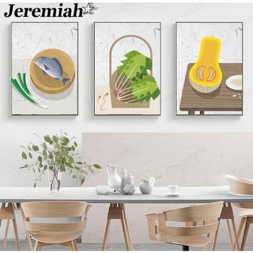 Nordic Abstract Fruit and Vegetable Canvas Painting Simple Fish Pumpkin Cabbage Poster Wall Art Modern Home Room Decoration