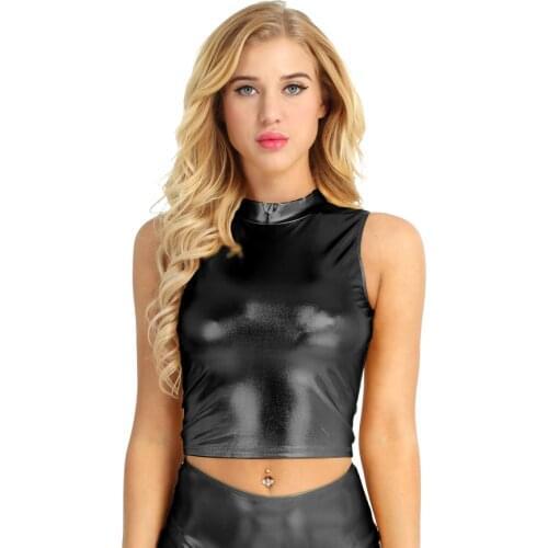 Women Latex Leather Sleeveless Mock Neck Tops Sexy Crop Top Festival Rave Clothes Nightclub Party Pole Dance Performance Costume