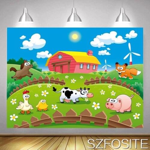 Cartoon Blue Sky White Cloud Animal Farm Backdrop Babys Birthday Party Table Decoration Photography Photo Kids Vinyl Background