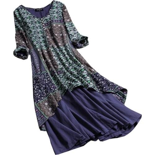 Plus Size 10XL 138-144cm autumn women patchwork Maxi dress long sleeve floral dress vintage dress Female navy blue loose dress