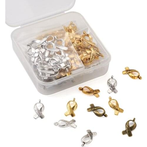 100pcs/box Mixed Color Tibetan Style Alloy Pendant Breast Cancer Awareness Ribbon Carved Word Hope Charms for DIY Jewelry Making