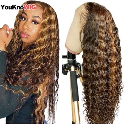 Highlight Deep Wave Lace Front Wig Human Hair Ombre Deep Curly Lace Front Human Hair Wigs 13x4 180 Density Brazilian Brown Color