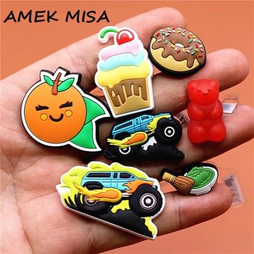 3D Red Bear PVC Shoe Charms Accessories Ice Cream Chocolate Donut Racing Shoe Buckle Decorations fit Kids X-mas Party Gifts U262