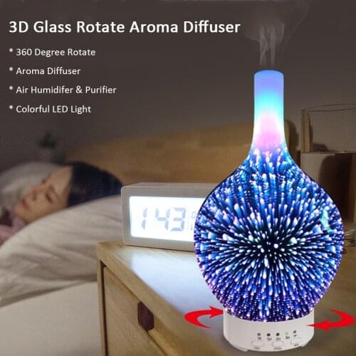 3D Glass Rotate Aroma Diffuser Aromatherapy Essential Oil Diffuser Ultrasonic Air Humidifier with LED Night Aroma Lamp for Home