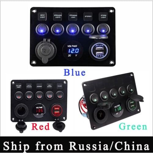 5 Gang Switch Panel Digital Voltmeter Dual USB Port 12V Outlet Combination Waterproof Car Marine Boat LED Rocker Switch Panel
