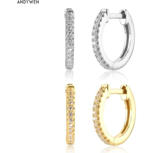 ANDYWEN New 925 Sterling Silver Gold 9mm Zircon Luxury Huggies Clips Women Piercing Hoops Earring Dangle Charm Jewelry Gift