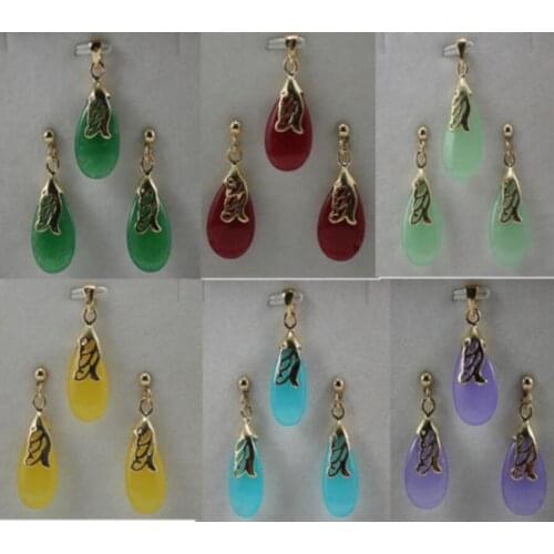 Free Shipping 6 Colors Jade Pendant Necklace Earring Set
